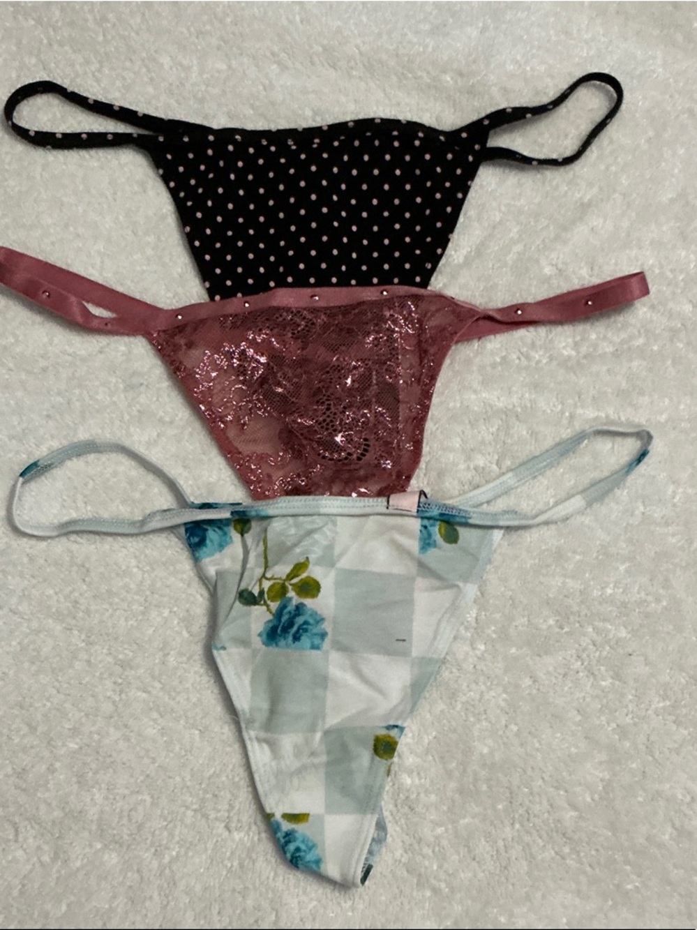 Victoria's Secret Black Polka Dot, Pink Sequin & Blue Floral Thong Set